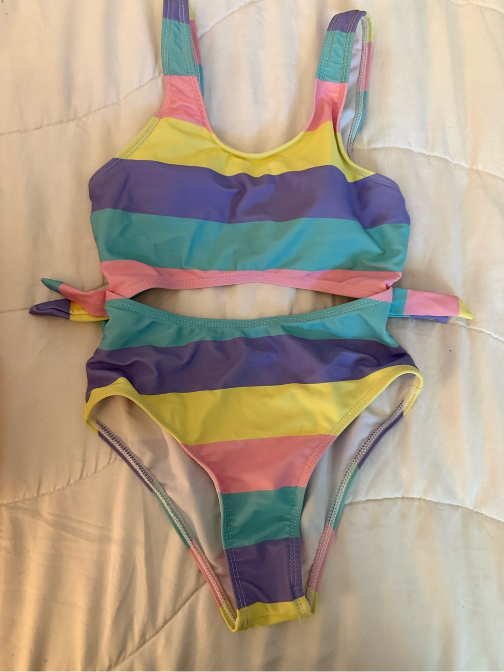 Kids Rainbow Stripe Cutout One-Piece Swimsuit - Pastel Yellow Pink Blue Purple